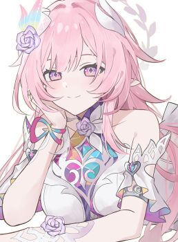 1girl cyrene_(demiurge)_(honkai:_star_rail) cyrene_(honkai:_star_rail) detached_sleeves diamond-shaped_pupils diamond_(shape) flower hair_flower hair_ornament highres honkai:_star_rail honkai_(series) long_hair looking_at_viewer multicolored_eyes pink_hair pointy_ears purple_flower purple_rose rose smile solo symbol-shaped_pupils upper_body white_background younomiti