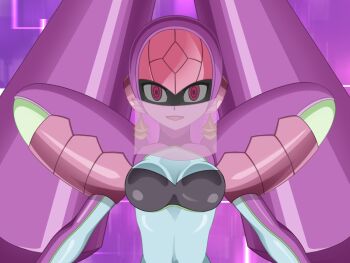 1girl armor bodysuit breasts cleavage em_wave_change_(mega_man) helmet henshin k0n0n luna_platz_(mega_man) mega_man_(series) mega_man_star_force_(series) mind_control multicolored_bodysuit purple_background purple_eyes purple_helmet queen_ophiuca_(mega_man) shoulder_armor smile sparkle two-tone_bodysuit