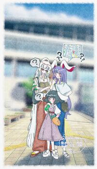 3girls ? absurdres alternate_costume animal_ears black_hair blunt_bangs blurry blurry_background blush border casual cellphone contemporary cup disposable_cup drinking drinking_straw fujiwara_no_mokou hakunemui highres holding holding_cup holding_phone inaba_tewi long_hair looking_at_phone lop_rabbit_ears map multiple_girls outdoors pants phone ponytail purple_hair rabbit_ears rabbit_girl red_pants reisen_udongein_inaba shirt smartphone spoken_question_mark straight_hair sunglasses touhou twitter_username unmoving_pattern very_long_hair watermark white_border white_hair white_shirt