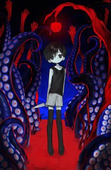 Rule 34 | 1boy, antenna hair, apple, black eyes, black hair, black shorts, black tank top, black thighhighs, closed mouth, collarbone, double-parted bangs, expressionless, food, fruit, hair between eyes, highres, holding, holding knife, knife, looking at viewer, male focus, omori, omori (omori), rou (h s sinrin), short hair, shorts, solo, standing, striped clothes, striped shorts, tank top, thighhighs, two-tone shorts, vertical-striped clothes, vertical-striped shorts, white shorts