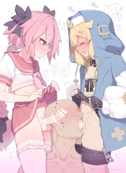 3boys androgyne_symbol astolfo_(fate) bar_censor black_gloves black_skirt blonde_hair blue_hoodie blue_jacket blush bridget_(guilty_gear) briefs censored closed_eyes clothes_lift commentary_request crossdressing crossdressing_(mtf) erection faceless faceless_male fate/grand_order fate_(series) fellatio fingerless_gloves gloves guilty_gear highres hood hood_up hooded_jacket hoodie jacket josou_seme lifting_own_clothes long_sleeves male_focus male_underwear male_underwear_pull miniskirt multiple_boys nyakkuru open_mouth oral paid_reward_available panties panty_pull parted_lips pink_hair pink_panties precum puffy_long_sleeves puffy_sleeves red_sailor_collar red_skirt sailor_collar school_uniform serafuku shirt short_sleeves simple_background skirt skirt_lift speech_bubble striped_clothes striped_panties testicles translation_request trap underwear white_background white_shirt yaoi