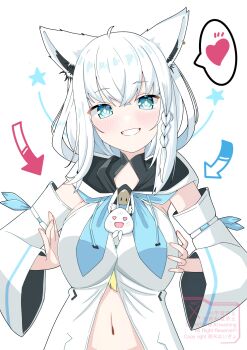1girl ahoge animal_ear_fluff animal_ears arrow_(symbol) between_breasts blue_neckerchief blush braid breasts breasts_squeezed_together commentary_request detached_sleeves earrings fox_ears fox_girl green_eyes grin hair_between_eyes heart heart_in_eye highres higyohigyo hololive hood hoodie jewelry looking_at_viewer medium_breasts midriff navel neckerchief shirakami_fubuki shirakami_fubuki_(1st_costume) sidelocks simple_background single_braid smile spoken_heart star_(symbol) sukonbu_(shirakami_fubuki) symbol_in_eye virtual_youtuber white_background white_hair white_hoodie