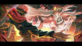 1boy 1other absurdres black_jacket black_pants cityscape commentary facial_tattoo fingernails flying head_wings highres hood hoodie jacket jujutsu_kaisen letterboxed long_fingernails looking_down mahoraga_(jujutsu_kaisen) monster outstretched_arms pants pink_hair reaching reaching_towards_another red_hoodie ryoumen_sukuna_(jujutsu_kaisen) short_hair smile sonic1nstinct tattoo teeth wings