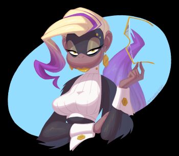 1girl bare_shoulders black_border blonde_hair blue_background border breasts captainmolasses cropped_torso donkey_kong_(series) donkey_kong_bananza earrings eyeshadow furry furry_female highres jewelry large_breasts lipstick makeup monkey multicolored_hair nintendo poppy_kong purple_hair semi-rimless_eyewear solo streaked_hair sweater turtleneck turtleneck_sweater two-tone_hair unworn_eyewear upper_body wrist_cuffs yellow_eyes yellow_lips