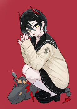 Rule 34 | 1girl, absurdres, azur lane, black hair, black nails, black shoes, black skirt, choker, earrings, fingernails, hashtag-only commentary, helmet, highres, horns, iron blood (emblem), jewelry, long sleeves, looking at viewer, manjuu (azur lane), mechanical horns, multicolored hair, nail polish, red background, red horns, rigging, school uniform, shoes, short hair, simple background, skirt, slit pupils, solo, sword, ulrich von hutten (azur lane), weapon, white hair, xin sanmu, yellow eyes