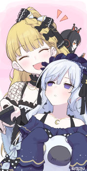 3girls ahoge animal_ear_headphones animal_ears bare_shoulders black_choker black_dress black_hair black_nails black_ribbon blonde_hair blue_dress blue_hairband bow braid cat_ear_headphones cat_ears cellphone choker closed_eyes commentary_request controller crescent crescent_necklace dress dress_bow ear_piercing fake_animal_ears fishnet_sleeves fishnets frilled_choker frilled_dress frilled_hairband frilled_sleeves frills gothic_lolita hair_bow hair_ribbon hairband headphones highres holding holding_controller holding_remote_control jewelry kotetsu_080 lolita_fashion lolita_hairband long_hair long_sleeves looking_at_another looking_at_phone mahou_shoujo_no_majo_saiban mole mole_under_eye multicolored_hair multiple_girls nail_polish natsume_an-an necklace off-shoulder_dress off_shoulder open_mouth orange_eyes phone piercing pink_background polka_dot polka_dot_bow purple_eyes remote_control ribbon saeki_miria sawatari_coco short_hair simple_background sleeve_bow sleeves_past_fingers sleeves_past_wrists smartphone streaked_hair stuffed_animal stuffed_sheep stuffed_toy white_hair wide_sleeves