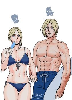 Rule 34 | 1boy, 1girl, bikini, blonde hair, blue bikini, blue eyes, blue swim trunks, brother and sister, burn scar, chocytd, commentary request, duchess (elden ring), elden ring, elden ring nightreign, food, hair bun, highres, holding, holding hands, holding surfboard, korean commentary, male swimwear, muscular, muscular male, parted lips, popsicle, scar, short hair, siblings, surfboard, swim trunks, swimsuit, topless male, white background, wylder (elden ring)