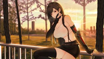 1girl absurdres black_hair black_skirt breasts building commission commissioner_upload crop_top earrings elbow_pads evening final_fantasy final_fantasy_vii fingerless_gloves gloves grass highres large_breasts long_hair looking_at_viewer low-tied_long_hair naozi non-web_source on_railing open_mouth panties panty_peek park railing red_eyes see-through_clothes see-through_shirt shirt single_elbow_pad skirt sky skyscraper solo sunset suspender_skirt suspenders suspenders_gap sweat tank_top taut_clothes taut_shirt teardrop_earrings thighhighs tifa_lockhart tree underwear very_long_hair white_panties white_shirt white_tank_top