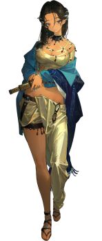 1girl asymmetrical_clothes bindi black_choker kaalaa_baunaa blue_jacket breasts brown_eyes brown_hair choker cleavage dark-skinned_female dark_skin full_body highres holding jacket jewelry large_breasts looking_at_viewer necklace off_shoulder official_art pants reverse:1999 sandals shorts single_pantsleg solo standing tachi-e third-party_source toes transparent_background unworn_eyewear yellow_pants yellow_shorts