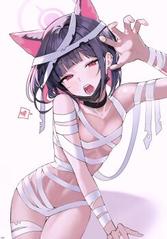 1girl absurdres animal_ears bandaged_arm bandaged_chest bandaged_leg bandaged_torso bandages bare_shoulders black_choker black_hair black_mask blue_archive blue_hair cat_ears cat_girl choker claw_pose collarbone colored_inner_animal_ears colored_inner_hair ear_piercing extra_ears halo haze_(7h4ze) heart highres kazusa_(band)_(blue_archive) kazusa_(blue_archive) mask mask_lift mouth_mask multicolored_hair naked_bandage open_mouth piercing pink_hair pink_halo red_eyes shirt short_hair solo spoken_heart thighs two-tone_hair wristband
