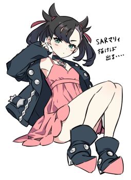 1girl asymmetrical_bangs black_choker black_hair black_jacket black_nails blush boots choker closed_mouth dress earrings full_body green_eyes hair_ribbon highres jacket jewelry kousuke0912 looking_at_viewer marnie_(pokemon) nintendo pink_dress pokemon pokemon_swsh red_ribbon ribbon simple_background single_earring sitting twintails white_background