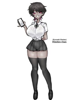 1girl black_hair black_skirt black_thighhighs bra_visible_through_clothes breasts dark-skinned_female dark_skin gyaru highres himitsu_chan_(oligogi_meoggosipda) holding holding_phone miniskirt multicolored_hair oligogi_meoggosipda phone pink_eyes school_uniform shirt short_hair skirt smile thighhighs thighs two-tone_hair white_background white_shirt
