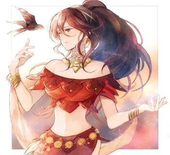 1girl artist_name bare_shoulders bird border bracelet brown_eyes brown_hair crop_top dancer hair_between_eyes high_ponytail highres jewelry leaf_(esabacoo) long_hair multiple_bracelets navel octopath_traveler octopath_traveler_i outside_border ponytail primrose_azelhart solo standing twitter_username white_border