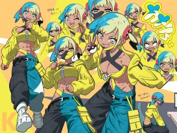 Rule 34 | 1girl, aqua hair, bandeau, black mask, blank eyes, blonde hair, blue eyes, boots, breasts, canari (pokemon), cat thankyou, chair, cleavage, criss-cross straps, dark-skinned female, dark skin, holding, holding poke ball, jacket, large breasts, long sleeves, looking at viewer, mask, mask pull, mega stone, midriff, monitor, mouth mask, multicolored hair, multicolored nails, multiple views, navel, nintendo, on chair, one eye closed, open mouth, pants, poke ball, poke ball (basic), pokemon, pokemon legends: z-a, short twintails, sitting, smile, split-color clothes, split-color hair, sports bra, teeth, twintails, two-tone hair, two-tone mask, two-tone pants, white boots, yellow bandeau, yellow jacket, yellow mask, yellow sports bra