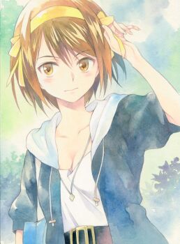 1girl adjusting_clothes adjusting_headwear agahari belt black_belt blue_sky breasts brown_eyes brown_hair cleavage cloud collarbone commentary_request day drawstring hair_ribbon hairband hand_up hood hood_down hooded_jacket jacket jewelry medium_breasts necklace open_clothes open_jacket outdoors ribbon shirt short_hair sky solo suzumiya_haruhi suzumiya_haruhi_no_yuuutsu upper_body white_shirt yellow_hairband yellow_ribbon