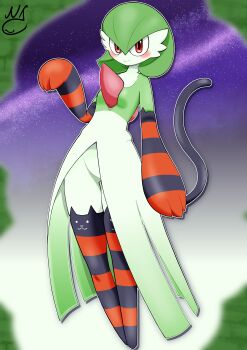 1girl arm_at_side artist_name blurry blurry_background bob_cut breasts cat_ear_legwear cat_tail closed_mouth clothed_pokemon colored_skin drop_shadow elbow_gloves female_focus full_body gardevoir gen_3_pokemon gloves green_hair green_skin groin hair_between_eyes hand_up happy looking_at_viewer multicolored_skin nekojaanai nintendo no_feet outline paw_pose pokemon pokemon_(creature) purple_background red_eyes red_gloves red_thighhighs short_hair signature small_breasts smile solo split_mouth standing striped_clothes striped_gloves striped_thighhighs tail tail_raised thighhighs two-tone_skin white_outline white_skin