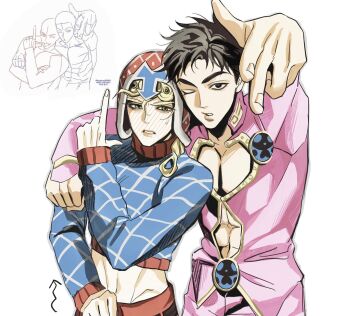 Rule 34 | 2boys, abs, arm around shoulder, arrow (symbol), black eyes, black hair, blonde hair, blue eyes, blush, clothing cutout, commentary request, cosplay, costume switch, crop top, cropped sweater, giorno giovanna, giorno giovanna (cosplay), guido mista, guido mista (cosplay), hat, highres, jojo no kimyou na bouken, korean commentary, ladybug ornament, male focus, midriff, multiple boys, navel, navel cutout, one eye closed, pectoral cleavage, pectorals, red hat, reference inset, sweatdrop, sweater, vento aureo, zu okr