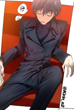 Rule 34 | 1boy, beer mug, black hair, blush, commentary request, cup, drunk, faldeus dioland, fate/strange fake, fate (series), highres, holding, holding cup, jacket, kirin e2, long sleeves, male focus, mug, open mouth, pants, shirt, short hair, sitting, solo, sweatdrop