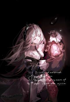 1girl absurdres arknights black_gloves black_shirt closed_eyes closed_mouth commentary dark_background english_commentary english_text gloves grey_hair highres holding holding_lantern horns irene_(arknights) lantern long_hair long_sleeves mliiko pink_skirt puffy_long_sleeves puffy_sleeves revision shirt signature skirt sleeves_past_wrists solo very_long_hair