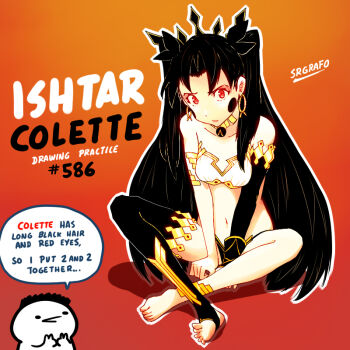 1girl artist_name artist_self-insert asymmetrical_legwear asymmetrical_sleeves bare_shoulders barefoot bikini black_bow black_gloves black_hair black_thighhighs bow collarbone crossed_legs detached_sleeves earrings elbow_gloves english_text fate/grand_order fate_(series) feet full_body gloves gradient_background hair_bow hoop_earrings ishtar_(fate) jewelry long_hair looking_at_viewer navel orange_background parted_bangs parted_lips red_eyes simple_background single_thighhigh sitting soles spread_toes srgrafo swimsuit thighhighs toes two_side_up uneven_legwear uneven_sleeves v_arms very_long_hair