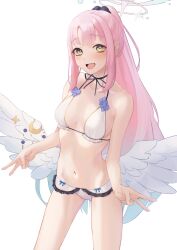 Rule 34 | 1girl, absurdres, alternate costume, alternate hairstyle, bikini, blue archive, blush, breasts, commentary request, cowboy shot, double v, feathered wings, halo, highres, long hair, looking at viewer, low wings, mika (blue archive), open mouth, pink hair, pink halo, ponytail, sidelocks, simple background, small breasts, smallpine 7, smile, solo, standing, stomach, swimsuit, v, white background, white bikini, white wings, wings, yellow eyes