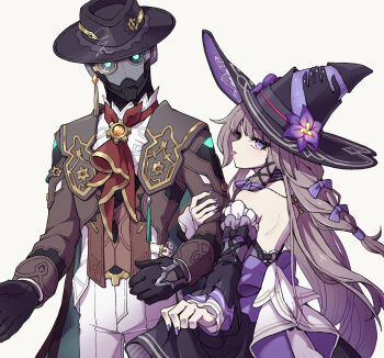 1boy 1girl android ascot black_bow black_dress black_ribbon bow braid brown_coat brown_hair coat commentary_request cowboy_shot detached_sleeves dress fedora flower frilled_sleeves frills gold_trim hair_bow hair_ribbon handprint hat hat_flower herta_(honkai:_star_rail) hetero highres holding_another&#039;s_arm honkai:_star_rail honkai_(series) krakrignmr long_hair looking_at_viewer monocle nail_polish pants purple_bow purple_flower purple_nails red_ascot ribbon screwllum_(honkai:_star_rail) tassel the_herta_(honkai:_star_rail) tongue tongue_out very_long_hair white_pants witch_hat