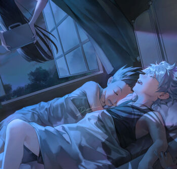 1other 3boys absurdres armpits bed bed_sheet black_hair black_shirt briefcase closed_eyes curtains dongzak_o0 drooling gon_freecss grey_hair highres holding holding_briefcase hunter_x_hunter illumi_zoldyck killua_zoldyck knee_up long_hair lying male_focus multiple_boys night official_alternate_costume on_back on_side open_mouth open_window pillow shadow shirt short_hair signature sleeping sleeping_together sleeveless teeth tongue twitter_username white_shirt window