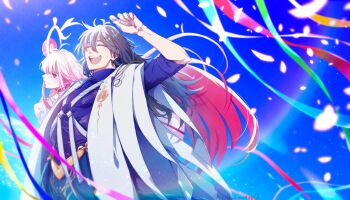 1boy 1girl black_hair blue_shirt blue_sky chain closed_eyes colored_inner_hair dress fate/grand_order fate_(series) gold_chain highres husband_and_wife long_hair masaki_(star8moon) multicolored_hair open_mouth oryou_(fate) pink_hair red_eyes red_hair robe sakamoto_ryouma_(fate) sakamoto_ryouma_(lancer)_(third_ascension)_(fate) shirt sky sleeves_rolled_up smile super_oryou_(fate) white_dress white_robe