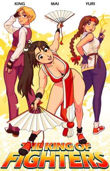 3girls ass braid braided_ponytail breasts brown_eyes brown_hair dougi female_focus formal_clothes gloves hairband hand_up hands_up highres huge_ass huge_breasts japanese_clothes karate_gi king_(snk) large_breasts leggings long_hair looking_at_viewer looking_back multiple_girls pants rudy_mora rudycomics shiranui_mai shirt shoes skirt smile smiley_face sneakers socks spandex standing suit the_king_of_fighters thick_thighs thighs tight_clothes tight_pants tongue tongue_out tuxedo white_shirt yoga_pants yuri_sakazaki