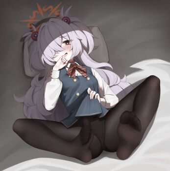 Rule 34 | 1girl, absurdres, black pantyhose, blue archive, blush, brown eyes, clothes lift, collared shirt, commentary request, dress, feet, grey dress, grey hair, halo, highres, kanoe (blue archive), korean commentary, long hair, no shoes, open mouth, orange halo, panties, panties under pantyhose, pantyhose, pharamacom, red ribbon, ribbon, shirt, skirt, skirt lift, soles, solo, toes, two side up, underwear, white shirt