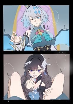 2girls :p after_cunnilingus after_fingering aroused ascot asymmetrical_bangs asymmetrical_sleeves black_hair black_shrug blue_ascot blue_eyes blue_hair blue_shirt blue_sleeves blue_wings bow bowtie breasts bright_pupils cerydra_(honkai:_star_rail) cleavage clothed_sex collared_shirt colored_inner_hair commentary_request crown detached_sleeves diamond-shaped_pupils diamond_(shape) drooling earrings eclair_yuri female_pov furrowed_brow hair_behind_ear hair_intakes hair_ornament headpiece highres honkai_(series) hysilens_(honkai:_star_rail) jewelry juliet_sleeves kishimen_hair licking licking_finger long_hair long_sleeves looking_at_viewer medium_breasts mini_crown mismatched_sleeves multicolored_hair multiple_girls multiple_pov one_eye_closed pink_bow pink_bowtie pov pov_crotch puffy_sleeves purple_eyes pussy_juice pussy_juice_in_mouth pussy_juice_on_fingers saliva scales shirt shrug_(clothing) sitting sitting_on_throne sleeveless sleeveless_shirt spread_legs steam symbol-shaped_pupils throne tongue tongue_out tsurime twitching two-tone_hair underbust v-shaped_eyebrows white_pupils wing_collar wings yuri