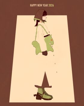 1girl 2026 bag black_gloves black_hair boots coat commentary_request full_body gloves green_boots happy_new_year headscarf highres long_sleeves medium_hair new_year original profile shoulder_bag solo spurs standing syooooyoooo white_coat