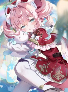 Rule 34 | 1girl, absurdres, aqua bow, aqua eyes, aqua hair, bow, commentary request, dress, drill hair, gradient hair, hat, highres, holding, honkai: star rail, honkai (series), hyacine (honkai: star rail), little ica (honkai: star rail), looking at viewer, memosprite, multicolored hair, pantyhose, pegasus, pink hair, red dress, red hat, sorani (kaeru0768), tongue, tongue out, twin drills, twintails, two-tone hair, white pantyhose