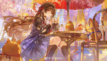 1girl absurdres arm_cutout black_choker black_hair black_jacket black_serafuku black_shirt black_skirt black_socks cake cake_slice chisa_(wuthering_waves) choker clothing_cutout colyba cup food hair_ribbon highres holding holding_cup jacket long_hair long_sleeves looking_at_viewer namipon_(wuthering_waves) parted_lips red_eyes red_ribbon ribbon school_uniform serafuku shirt sitting skirt socks solo table wind wuthering_waves