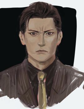 Rule 34 | 1boy, ahoge, brown hair, commentary request, formal clothes, hair slicked back, highres, male focus, mine yoshitaka, necktie, pinstripe jacket, pinstripe pattern, pinstripe suit, portrait, red suit, ryuu ga gotoku (series), ryuu ga gotoku 3, serious, solo, suit, tyag53, yellow necktie