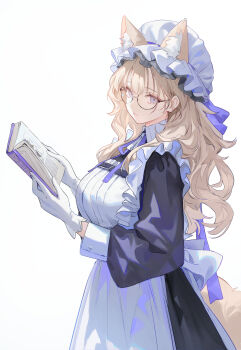 1girl absurdres animal_ear_fluff animal_ears apron blonde_hair book breasts commentary english_commentary frilled_apron frills glasses gloves hat highres holding holding_book huge_breasts long_hair long_sleeves looking_at_viewer maid maid_apron mob_cap nekojira open_mouth original revision round_eyewear semi-rimless_eyewear simple_background tail under-rim_eyewear wavy_hair white_apron white_background white_gloves wolf_ears wolf_girl wolf_tail