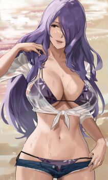 1girl alternate_costume bikini bikini_under_clothes breasts camilla_(fire_emblem) cleavage collarbone cowboy_shot crop_top day denim denim_shorts fire_emblem fire_emblem_fates front-tie_top hair_over_one_eye halterneck highres j@ck large_breasts long_hair looking_away looking_to_the_side micro_shorts navel nintendo open_clothes open_fly open_shorts outdoors parted_lips purple_bikini purple_eyes purple_hair ribbon shirt short_sleeves shorts side-tie_bikini_bottom smile solo stomach string_bikini swimsuit very_long_hair white_ribbon white_shirt