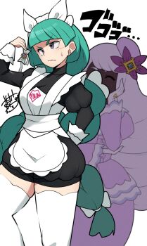 2girls apron ascot black_romper blunt_bangs bow bowtie braid braided_ponytail closed_eyes dark-skinned_female dark_skin dress frilled_ascot frills glove_bow gloves gold_ring green_hair hair_ornament jacinthe_(pokemon) juliet_sleeves lebanne_(pokemon) long_braid long_hair long_sleeves low_drills maid_apron maid_headdress master_and_servant mega_stone mituyota_76 multiple_girls nintendo pink_lips pokemon pokemon_legends:_z-a puffy_sleeves purple_dress purple_hair romper sweatdrop thighhighs very_dark_skin wavy_mouth white_bow white_bowtie white_gloves white_thighhighs