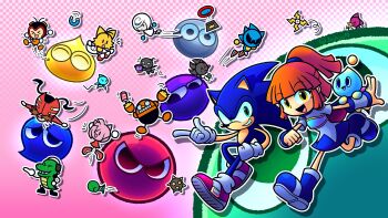 5boys 6+boys :d absurdres animal_ears animal_nose arle_nadja armor black_eyes blue_eyes blue_fur blue_shirt blue_skirt bomb boots brown_eyes brown_hair chao_(sonic) charmy_bee chibi closed_eyes colored_skin creature crossover dr._eggman drawing_(object) egg_pawn espio_the_chameleon explosive facial_hair flying flying_sweatdrops food full_body furry furry_female furry_male gloves green_eyes grid_background hammer happy highres holding holding_hammer holding_weapon ice_cream index_finger_raised jashuon leg_up long_hair looking_at_another looking_at_viewer metal_sonic motion_lines multiple_boys multiple_girls musical_note mustache open_mouth pants pink_background pink_fur pointing ponytail puyo_(puyopuyo) puyopuyo red_eyes robot running sage_(sonic) scene_reference shadow_the_hedgehog shirt shoes short_hair short_sleeves skirt smile solid_oval_eyes sonic_(series) sonic_racing:_crossworlds sonic_the_hedgehog spiked_hair standing sword tail tails_(sonic) teeth vector_the_crocodile weapon white_gloves white_shirt yellow_eyes