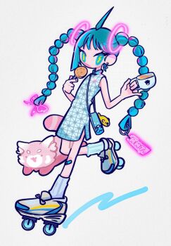 1girl aqua_eyes aqua_hair bandaid bandaid_on_leg cup dress food full_body hatsune_miku highres holding holding_cup holding_food hong_kong leg_up long_hair looking_at_viewer multi-tied_hair no_nose oooploop open_mouth print_dress red_panda roller_skates skates sleeveless sleeveless_dress socks solo twintails very_long_hair vocaloid white_socks worldwide_miku
