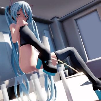 1girl 3d animated animated_gif artist_request black_boots blue_eyes blue_hair boots bottomless flower_pot grey_shirt hair_ribbon hand_on_own_knee hatsune_miku high_heels leg_up long_hair looking_at_viewer peeing plant ribbon shirt sitting sleeveless sleeveless_shirt table thick_thighs thighs twintails vocaloid