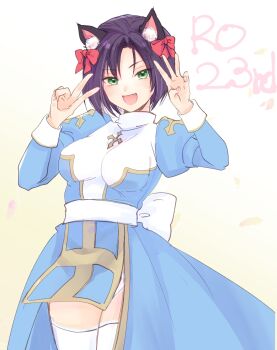 1girl :d alternate_color animal_ears anniversary back_bow blue_dress blush bow breasts cat_ears cat_girl commentary_request cowboy_shot cross double_v dress fang green_eyes hair_bow high_priest_(ragnarok_online) highres impossible_clothes impossible_dress juliet_sleeves long_sleeves looking_at_viewer medium_breasts open_mouth panties panty_peek puffy_sleeves purple_hair ragnarok_online red_bow sash shimako_(user_jsaa7243) short_hair smile solo thighhighs two-tone_dress underwear v white_bow white_dress white_panties white_sash white_thighhighs yellow_background