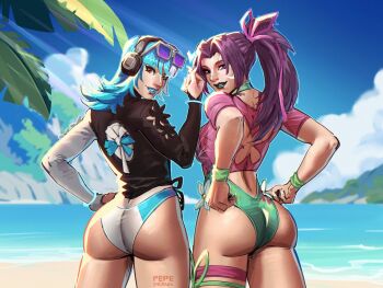 2girls artist_name ass beach blue_eyes blue_hair blue_lips blue_sky blunt_bangs breasts brown_eyes commentary cowboy_shot day english_commentary eyewear_on_head green_lips green_one-piece_swimsuit grin hair_ribbon headphones heart heart_hands heterochromia highres jewelry large_breasts long_hair looking_at_viewer looking_back luna_snow luna_snow_(cool_summer) marvel marvel_rivals multicolored_hair multiple_girls official_alternate_costume one-piece_swimsuit outdoors palm_tree parted_bangs parted_lips pepedraws pink_ribbon ponytail psylocke psylocke_(breezy_butterfly) purple-tinted_eyewear purple_hair ribbon sand sky smile split-color_hair sunglasses swimsuit thighlet tinted_eyewear tree white_hair white_one-piece_swimsuit x-men