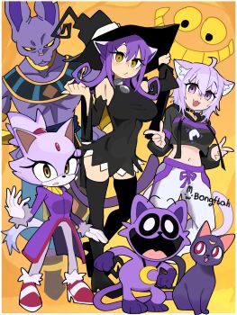 1boy 4girls :d absurdres animal_ears artist_name beerus bishoujo_senshi_sailor_moon black_dress black_hat black_thighhighs blair_(soul_eater) blaze_the_cat bongftah breasts cat_ears cat_girl cat_tail character_request copyright_request crossover dragon_ball dragon_ball_super dress furry furry_male hat highres hololive large_breasts looking_at_viewer luna_(sailor_moon) midriff multiple_girls navel nekomata_okayu nekomata_okayu_(1st_costume) open_mouth orange_background pants purple_eyes purple_hair red_eyes short_hair smile sonic_(series) soul_eater standing tail thighhighs virtual_youtuber white_pants witch_hat yellow_eyes zettai_ryouiki
