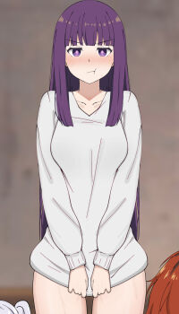 1boy 2girls :t absurdres breasts commentary_request fern_(sousou_no_frieren) frieren highres long_hair long_sleeves looking_at_viewer medium_breasts multiple_girls poa_mellhen pout purple_eyes purple_hair red_hair sousou_no_frieren stark_(sousou_no_frieren) sweat sweater white_sweater