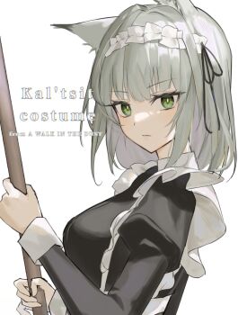1girl 2naom8q6gt87292 animal_ears arknights black_ribbon black_shirt bright_pupils character_name closed_mouth commentary english_text frills green_eyes grey_hair highres holding kal'tsit_(arknights) kal'tsit_(maid)_(arknights) long_sleeves looking_at_viewer maid maid_headdress official_alternate_costume ribbon shirt short_hair simple_background solo white_background white_pupils