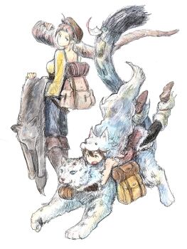 2girls animal_hood backpack bag boots brown_bag brown_boots brown_hair brown_hat commentary_request h'aanit_(octopath_traveler) hat highres hood linde_(octopath_traveler) looking_back multiple_girls octopath_traveler octopath_traveler_i open_mouth qqqqqli snow_leopard standing tressa_(octopath_traveler) tressa_colzione tusks white_fur