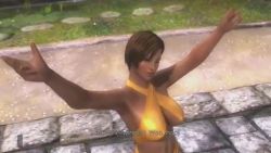 1girl 3d animated beach bikini breasts brown_eyes brown_hair cherry_blossoms dark_skin dark-skinned_female dead_or_alive dead_or_alive_5 dead_or_alive_5_last_round high_heels lipstick lisa_hamilton makeup video pelvic_curtain swimsuit tagme yellow_bikini