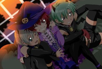 Rule 34 | 1girl, 2boys, ass, black dress, boots, dress, fake tail, fangs, fingernails, fumiko (mesushi), green hair, halloween, hat, high heel boots, high heels, iria animi, jewelry, multiple boys, nail polish, one eye closed, open mouth, red eyes, red hair, ring, ruca milda, sharp fingernails, short hair, spada belforma, tail, tales of (series), tales of innocence, very short hair, white hair, witch hat