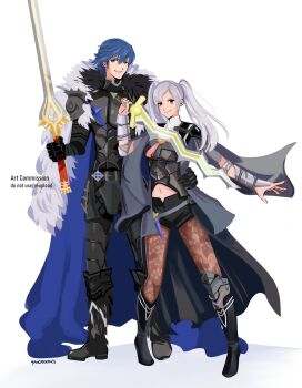 1boy 1girl alternate_costume armor black_armor black_boots black_shorts blue_eyes blue_hair boots breasts brown_eyes cape chrom_(fire_emblem) coat cosplay dimitri_alexandre_blaiddyd dimitri_alexandre_blaiddyd_(cosplay) dimitri_alexandre_blaiddyd_(timeskip) falchion_(fire_emblem) female_byleth_(fire_emblem) female_byleth_(fire_emblem)_(cosplay) female_robin_(fire_emblem) fire_emblem fire_emblem:_three_houses fire_emblem_awakening full_body fur-trimmed_coat fur_trim grey_cape hair_between_eyes highres holding holding_sword holding_weapon house knee_boots levin_sword long_hair medium_breasts navel nintendo short_hair short_shorts shorts standing stomach sword twintails weapon white_hair yancadoodles